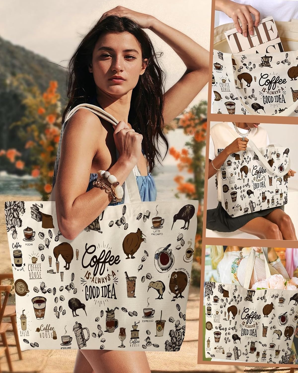 image:imageMiss Adola Large Tote Bag for Women Canvas Tote Bag with Zipper Aesthetic Reusable Shoulder Bag for Gym Travel WorkCoffee House