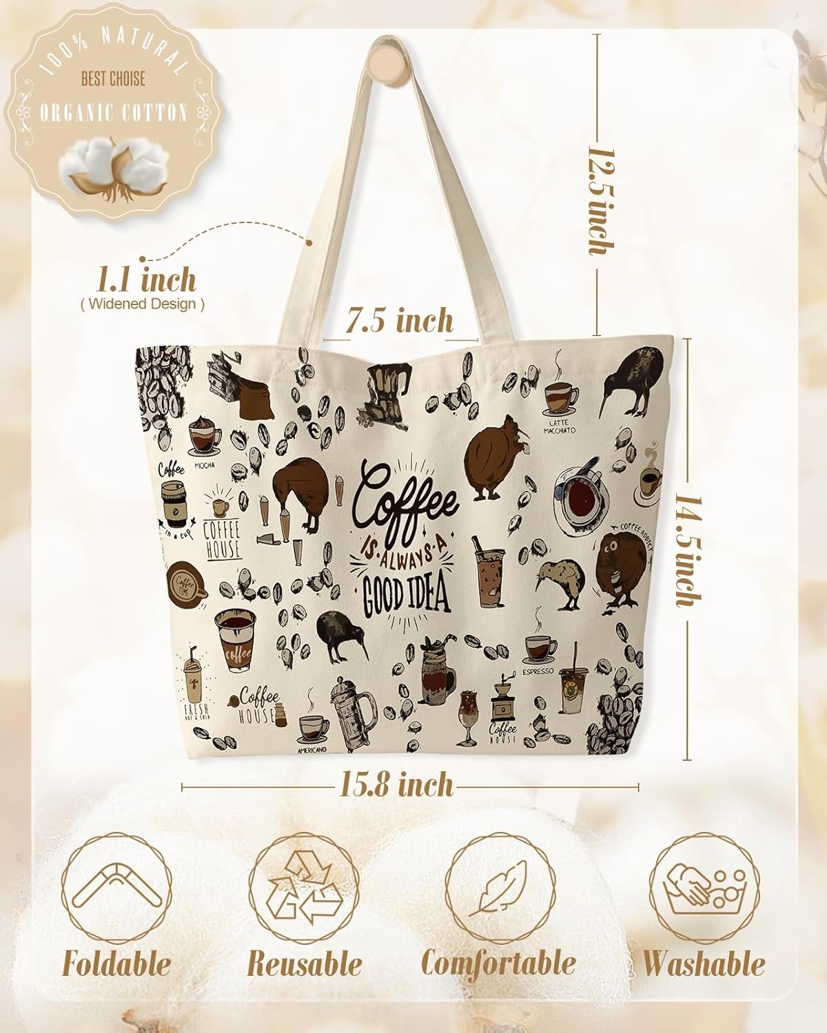 image:imageMiss Adola Large Tote Bag for Women Canvas Tote Bag with Zipper Aesthetic Reusable Shoulder Bag for Gym Travel WorkCoffee House