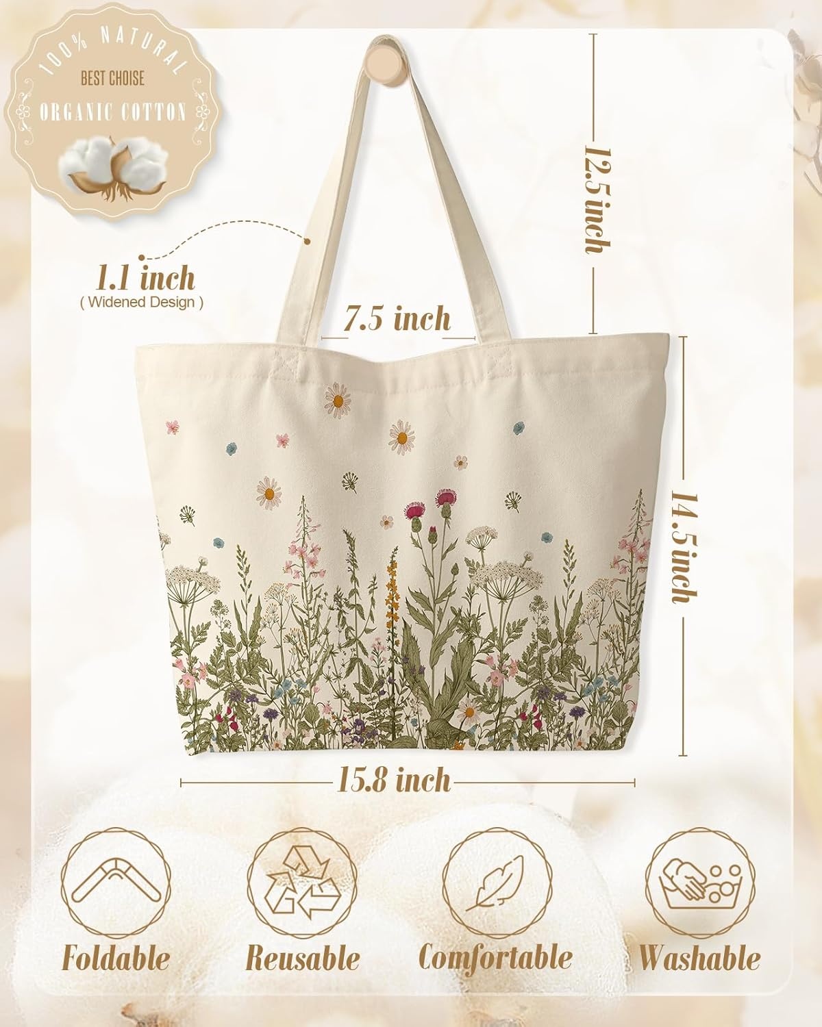 image:imageMiss Adola Large Tote Bag for Women Canvas Tote Bag with Zipper Aesthetic Reusable Shoulder Bag for Gym Travel WorkFlower Grass
