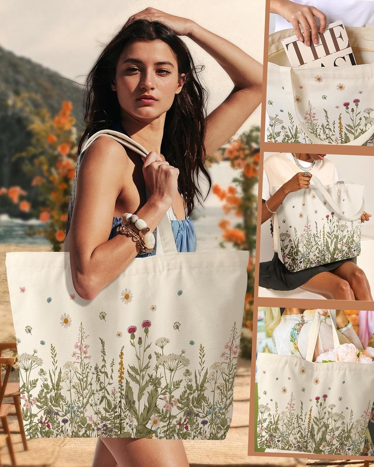 image:imageMiss Adola Large Tote Bag for Women Canvas Tote Bag with Zipper Aesthetic Reusable Shoulder Bag for Gym Travel WorkFlower Grass