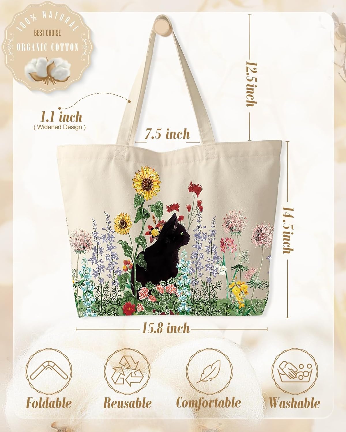 image:imageMiss Adola Large Tote Bag for Women Canvas Tote Bag with Zipper Aesthetic Reusable Shoulder Bag for Gym Travel WorkGrass Cat