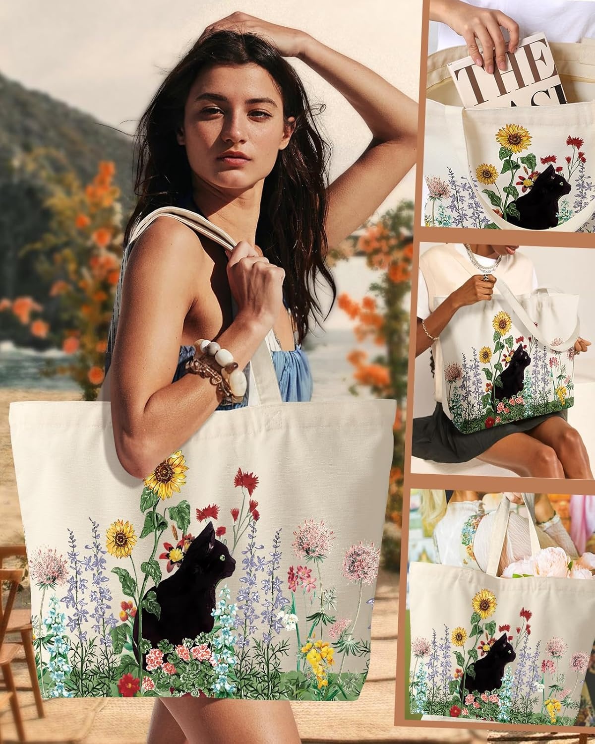 image:imageMiss Adola Large Tote Bag for Women Canvas Tote Bag with Zipper Aesthetic Reusable Shoulder Bag for Gym Travel WorkGrass Cat