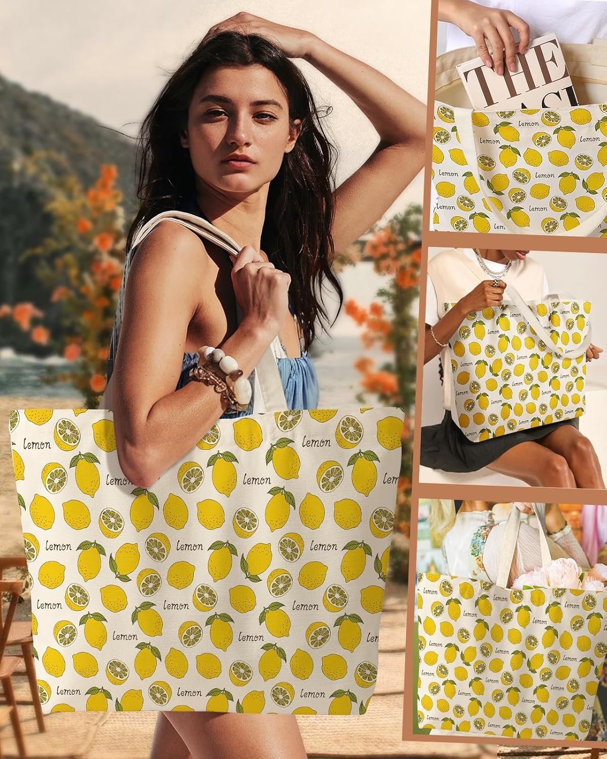 image:imageMiss Adola Large Tote Bag for Women Canvas Tote Bag with Zipper Aesthetic Reusable Shoulder Bag for Gym Travel WorkGreenleaf Lemon