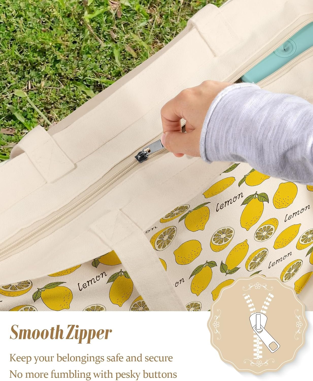image:imageMiss Adola Large Tote Bag for Women Canvas Tote Bag with Zipper Aesthetic Reusable Shoulder Bag for Gym Travel WorkGreenleaf Lemon