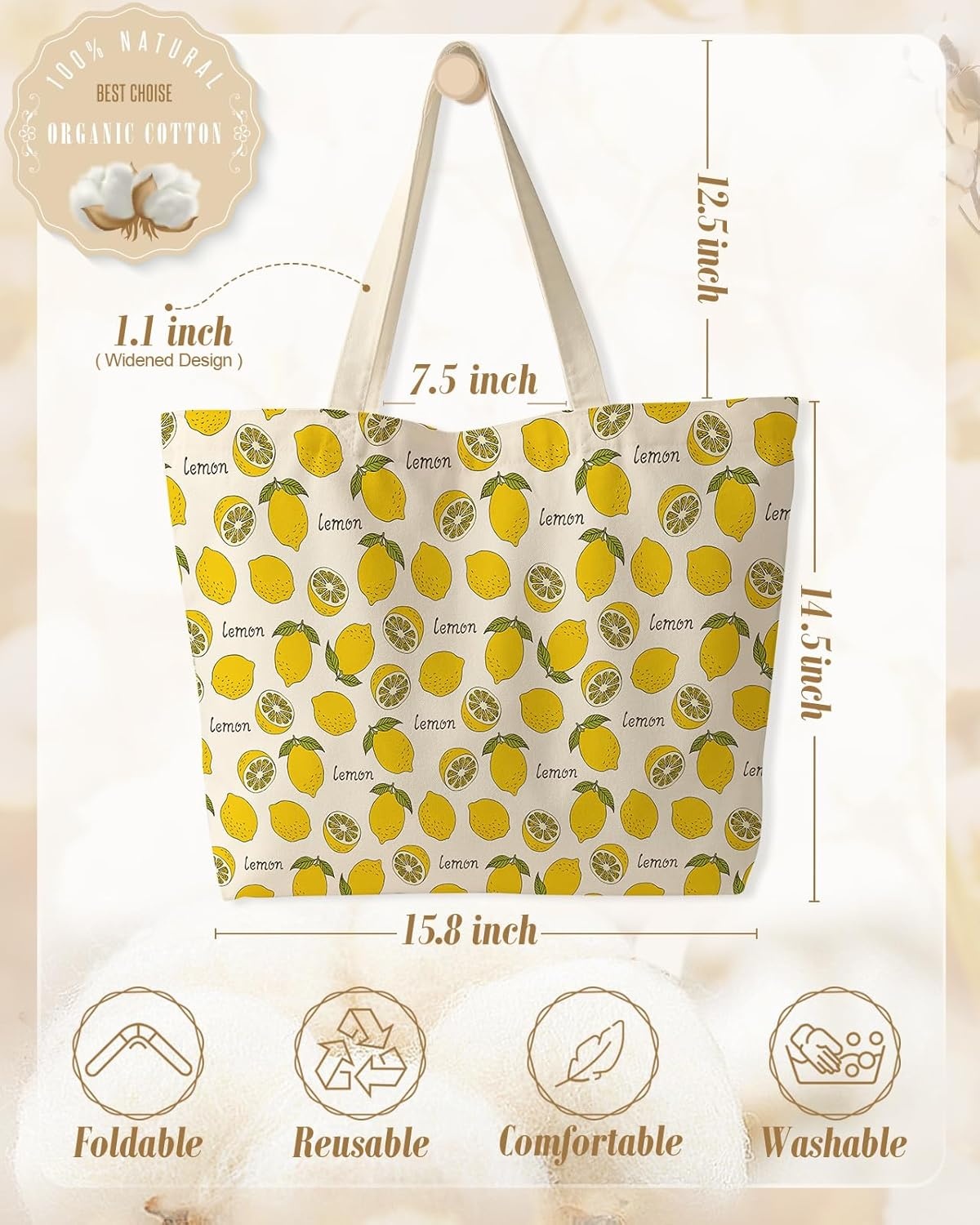 image:imageMiss Adola Large Tote Bag for Women Canvas Tote Bag with Zipper Aesthetic Reusable Shoulder Bag for Gym Travel WorkGreenleaf Lemon