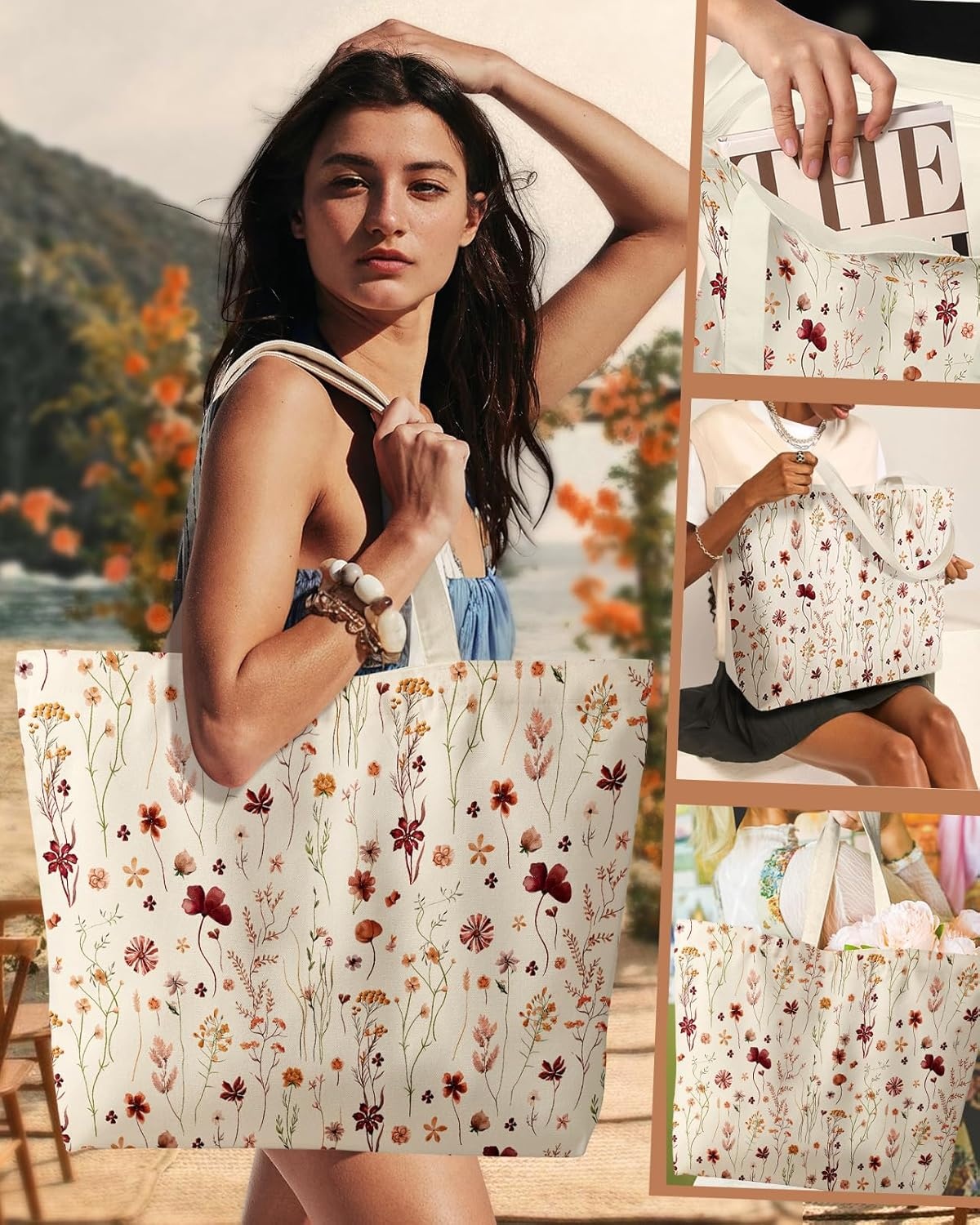 image:imageMiss Adola Large Tote Bag for Women Canvas Tote Bag with Zipper Aesthetic Reusable Shoulder Bag for Gym Travel WorkGrow Flower