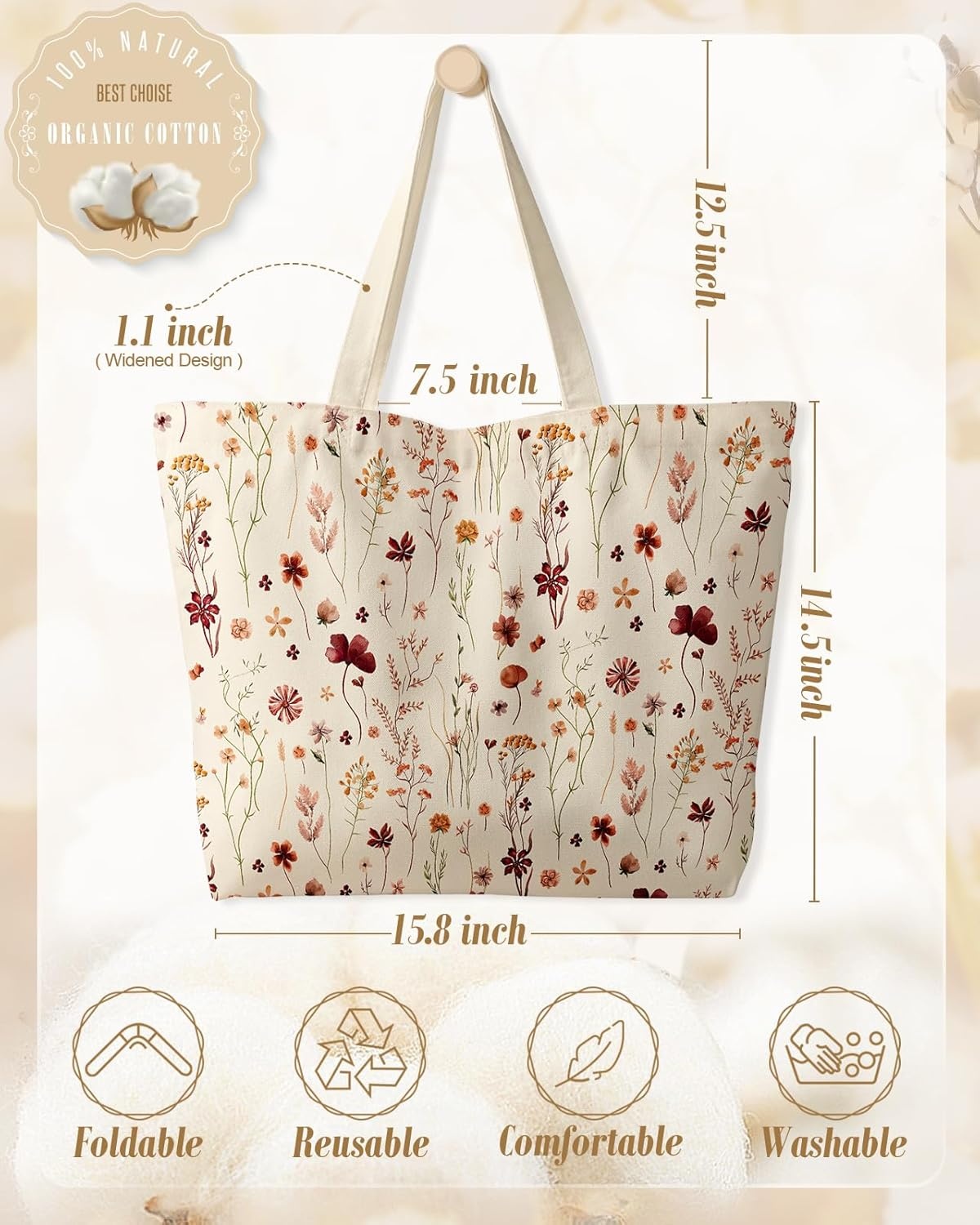 image:imageMiss Adola Large Tote Bag for Women Canvas Tote Bag with Zipper Aesthetic Reusable Shoulder Bag for Gym Travel WorkGrow Flower