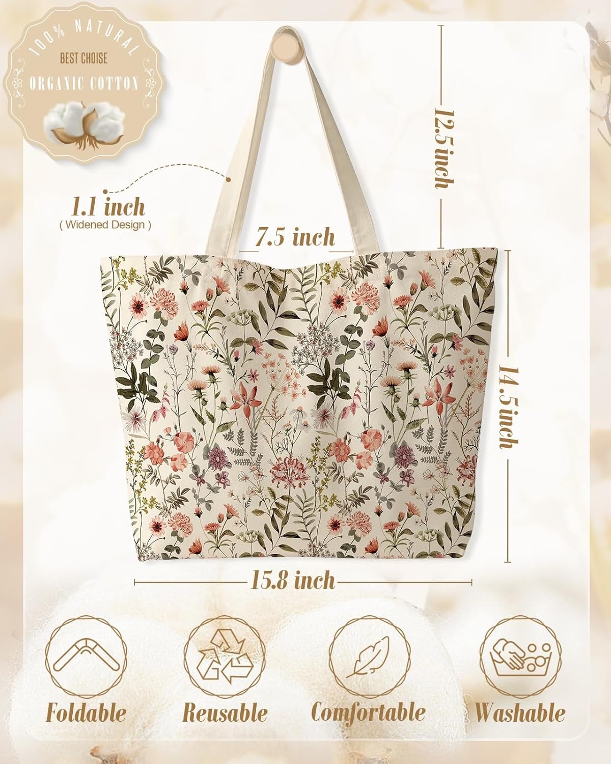 image:imageMiss Adola Large Tote Bag for Women Canvas Tote Bag with Zipper Aesthetic Reusable Shoulder Bag for Gym Travel WorkPk Flower Shrubs