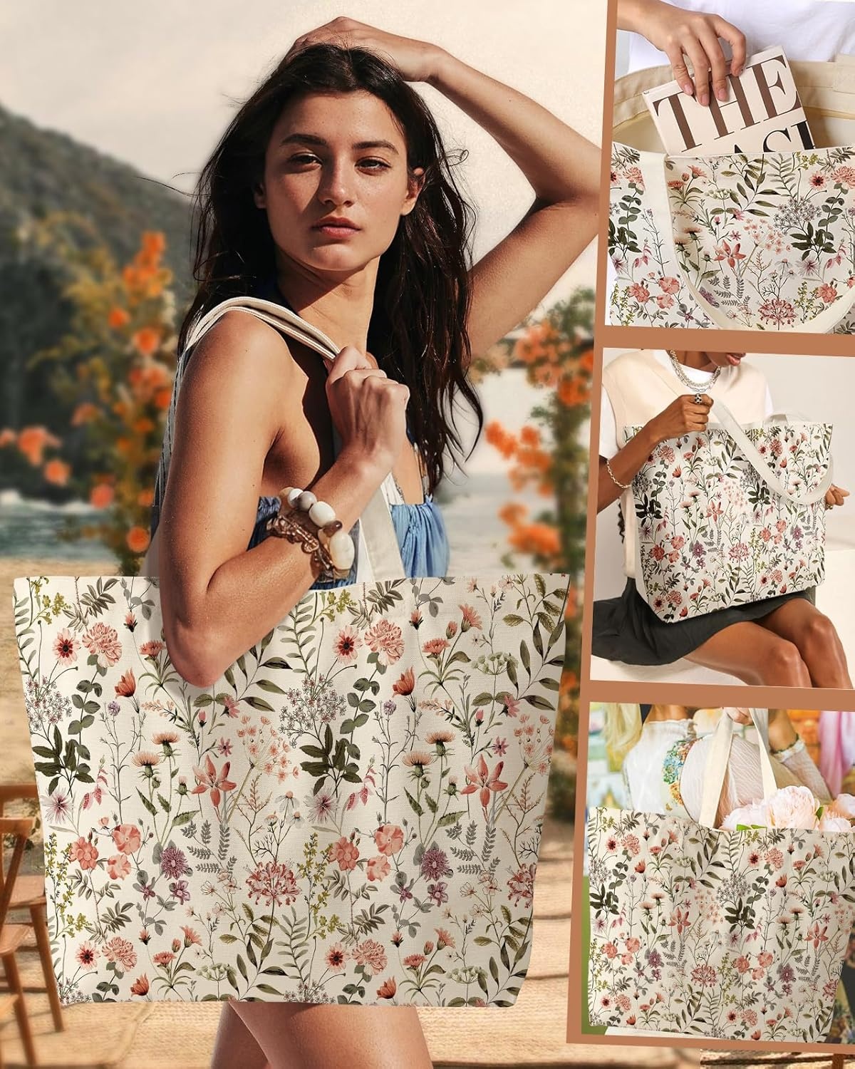 image:imageMiss Adola Large Tote Bag for Women Canvas Tote Bag with Zipper Aesthetic Reusable Shoulder Bag for Gym Travel WorkPk Flower Shrubs