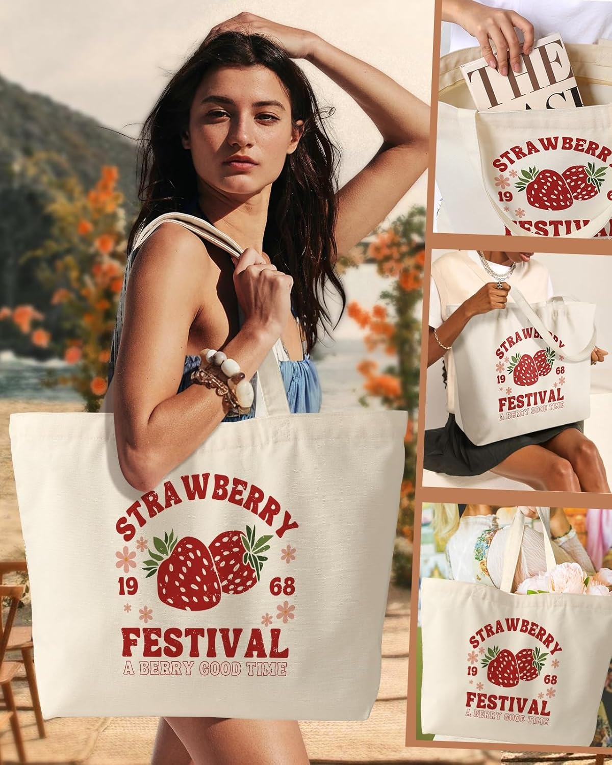 image:imageMiss Adola Large Tote Bag for Women Canvas Tote Bag with Zipper Aesthetic Reusable Shoulder Bag for Gym Travel WorkStrawberry Festival