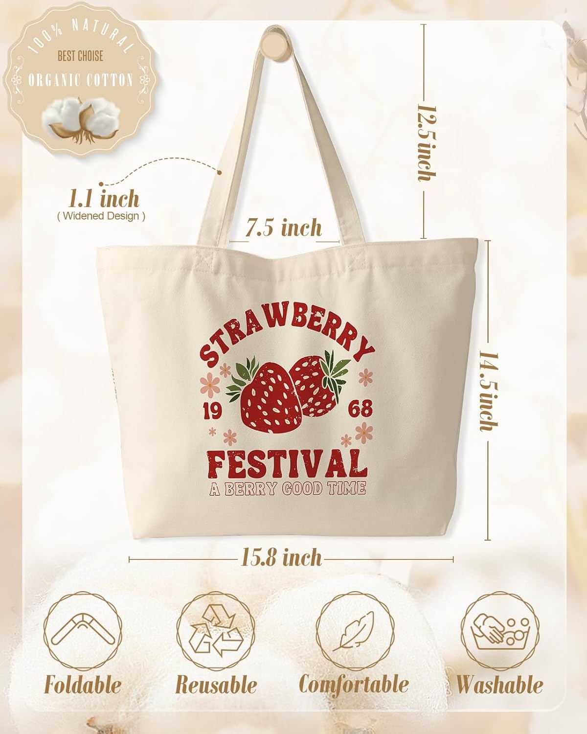 image:imageMiss Adola Large Tote Bag for Women Canvas Tote Bag with Zipper Aesthetic Reusable Shoulder Bag for Gym Travel WorkStrawberry Festival