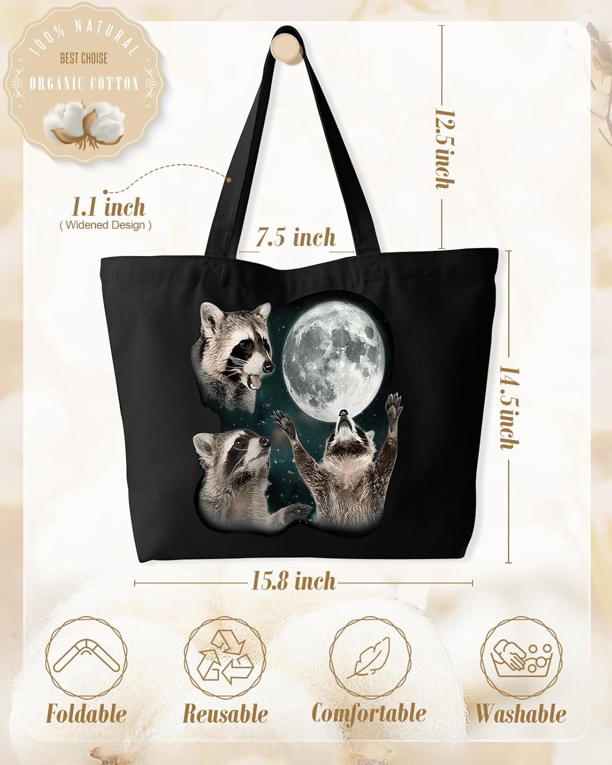 image:imageMiss Adola Large Tote Bag for Women Canvas Tote Bag with Zipper Aesthetic Reusable Shoulder Bag for Gym Travel WorkThree Raccoon