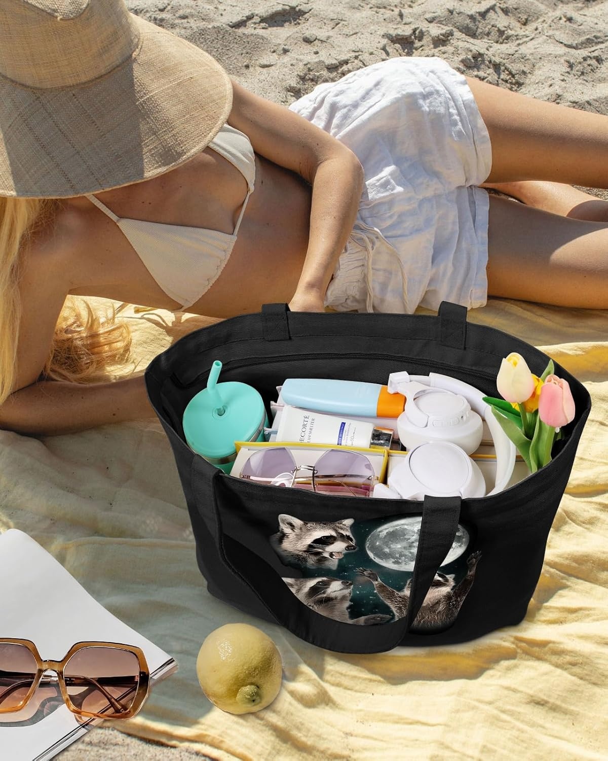 image:imageMiss Adola Large Tote Bag for Women Canvas Tote Bag with Zipper Aesthetic Reusable Shoulder Bag for Gym Travel WorkThree Raccoon