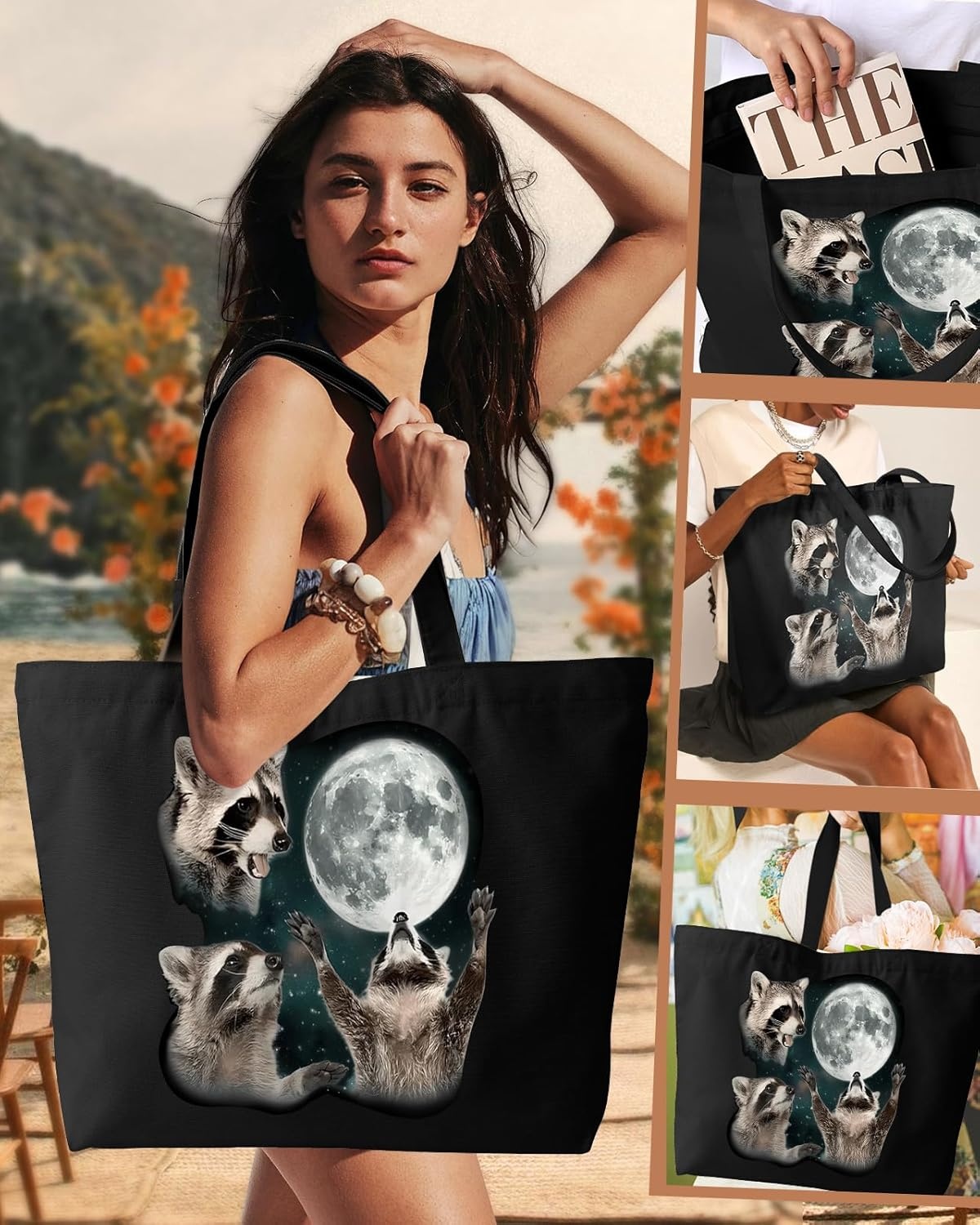 image:imageMiss Adola Large Tote Bag for Women Canvas Tote Bag with Zipper Aesthetic Reusable Shoulder Bag for Gym Travel WorkThree Raccoon