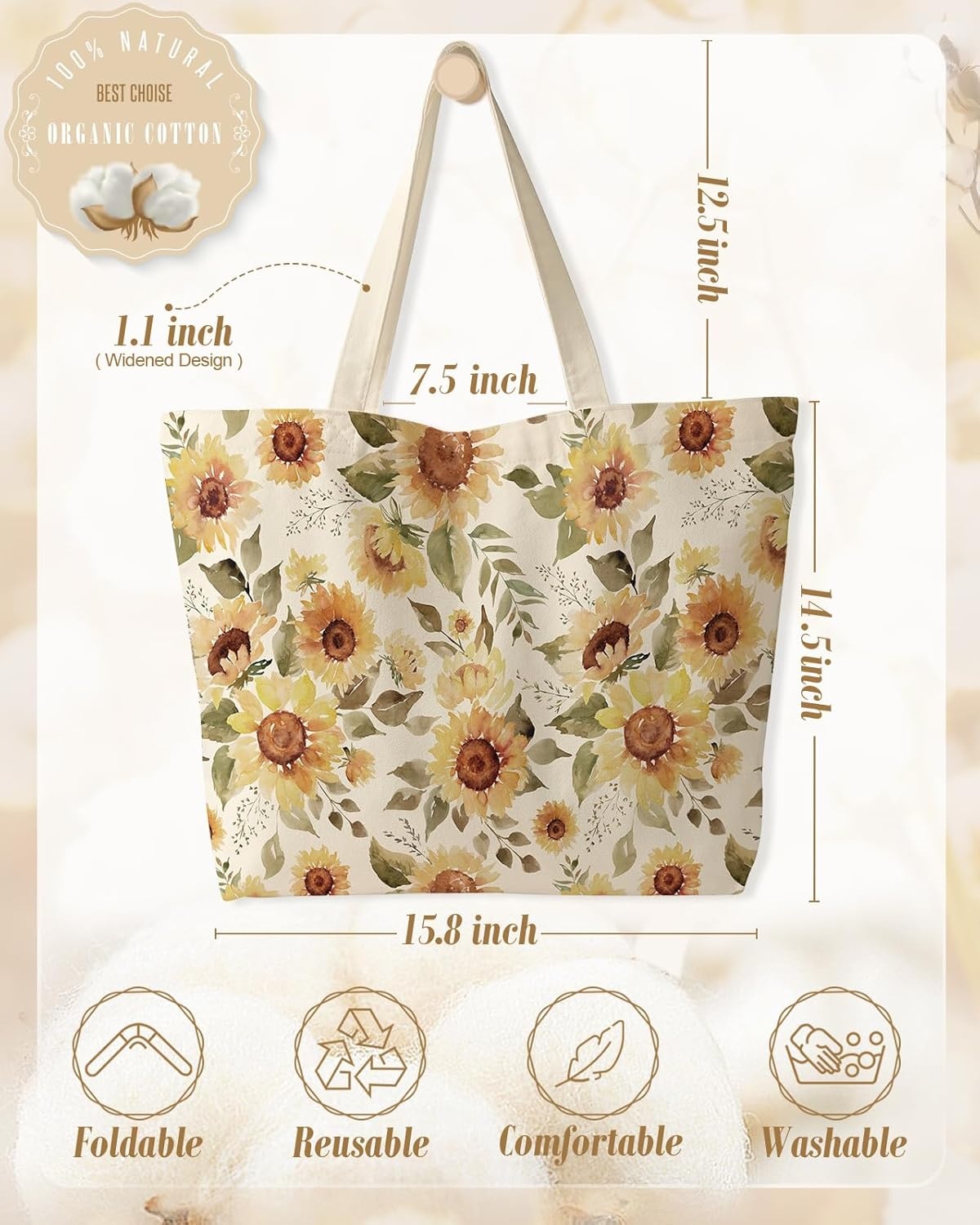 image:imageMiss Adola Large Tote Bag for Women Canvas Tote Bag with Zipper Aesthetic Reusable Shoulder Bag for Gym Travel WorkWatercolor Sunflower