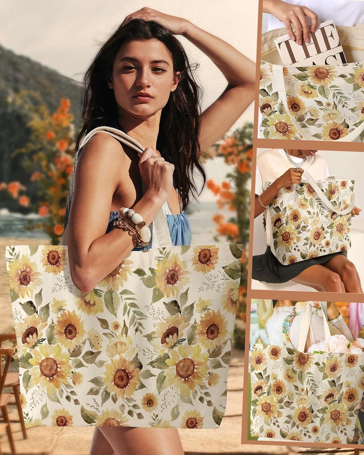 image:imageMiss Adola Large Tote Bag for Women Canvas Tote Bag with Zipper Aesthetic Reusable Shoulder Bag for Gym Travel WorkWatercolor Sunflower