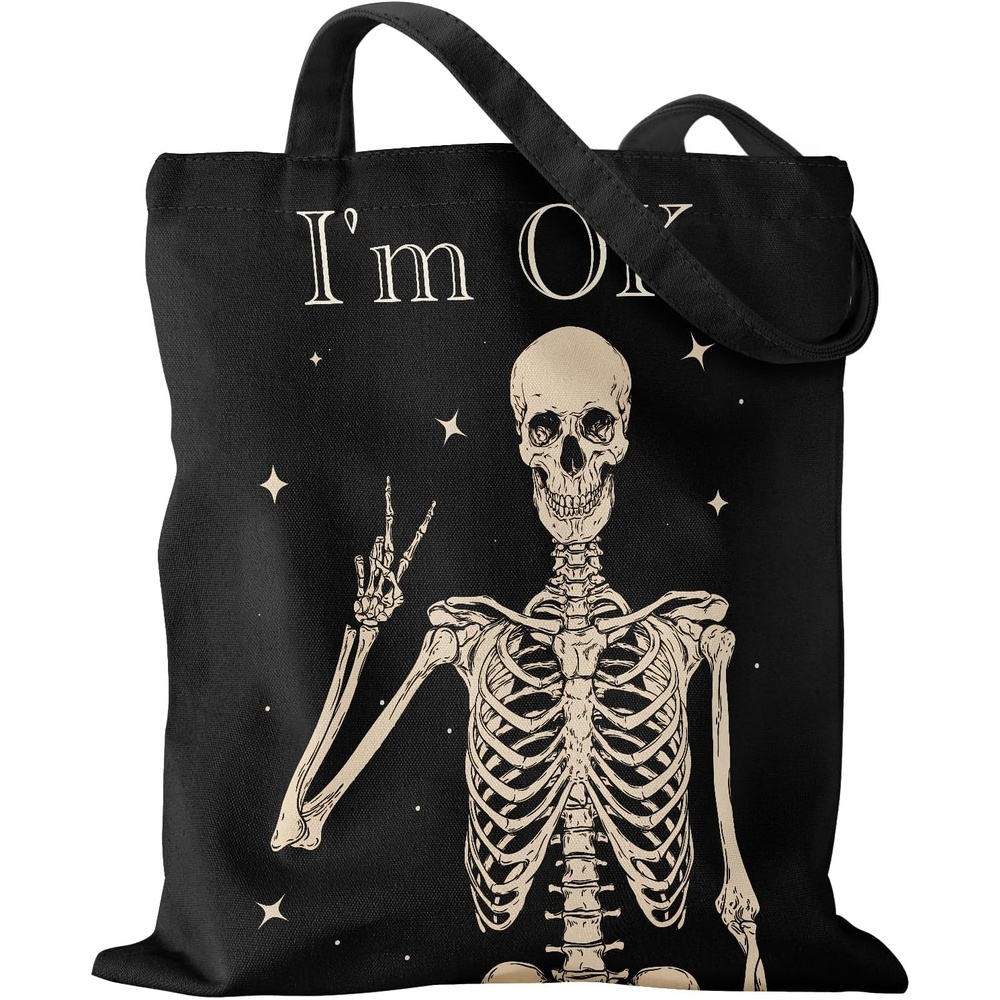 image:imageMiss Adola Aesthetic Canvas Tote Bag with Pattern for Women Stylish Funny Goth Skeleton Spooky Skull Inspired Design Casual Cloth Cotton Totes Bag for Vacation Shopping Grocery Gym