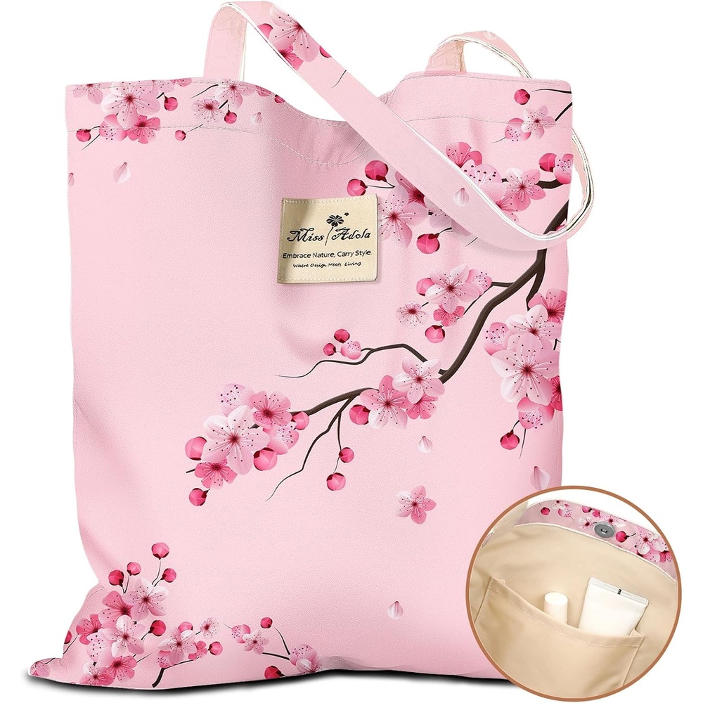 image:imageMiss Adola Cloth Tote Bag for Women Reusable Tote with Pocket amp Buckle Cute Retro Design Ladies Cotton Printed Shoulder BagPeach Blossom