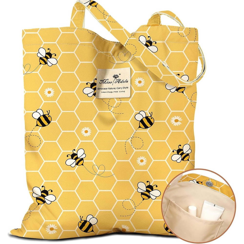 image:imageMiss Adola Cloth Tote Bag for Women Reusable Tote with Pocket amp Buckle Cute Retro Design Ladies Cotton Printed Shoulder BagYellow Bee
