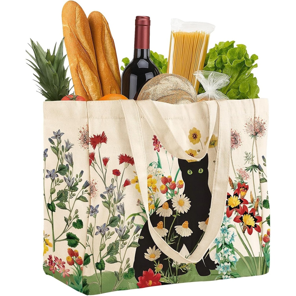 image:imageMiss Adola Large Canvas Grocery Tote Bag Reusable Extra Large Shopping Shoulder Bags with 6 Inner Pockets amp 2 Handle StrapBlack Cat