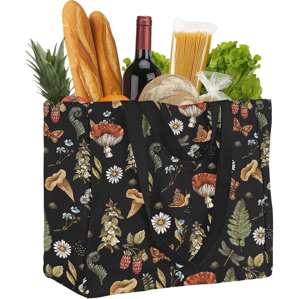 image:imageMiss Adola Large Canvas Grocery Tote Bag Reusable Extra Large Shopping Shoulder Bags with 6 Inner Pockets amp 2 Handle StrapBlack Mushroom