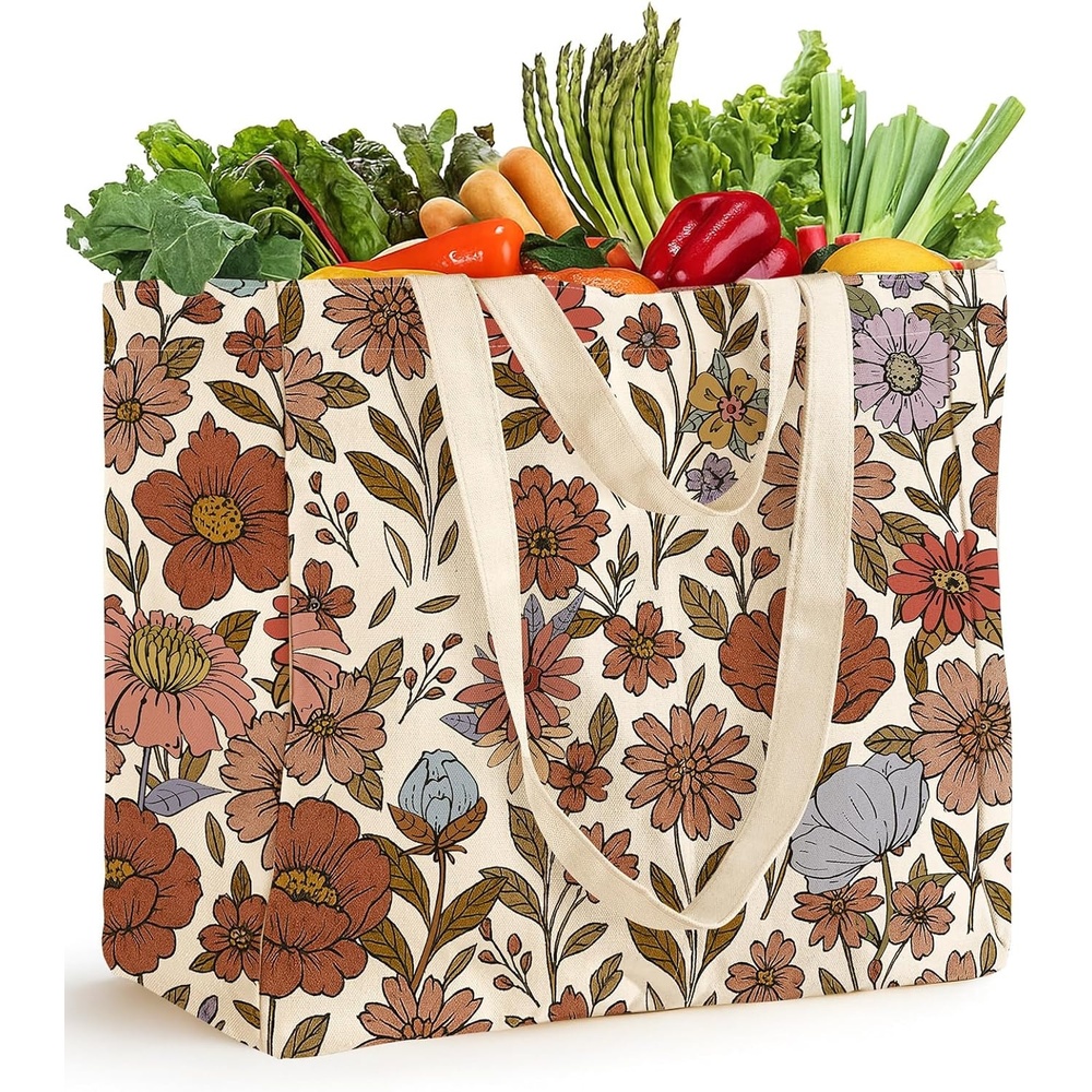 image:imageMiss Adola Large Canvas Grocery Tote Bag Reusable Extra Large Shopping Shoulder Bags with 6 Inner Pockets amp 2 Handle StrapOrange Floral