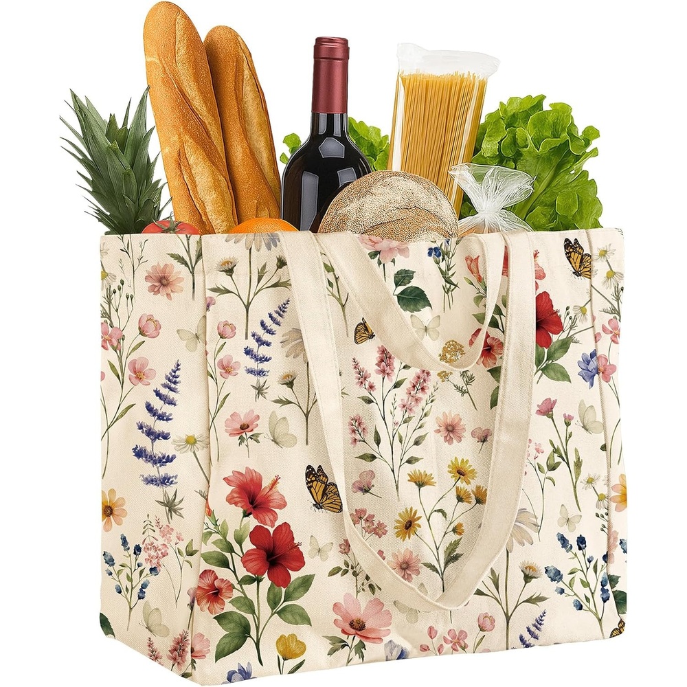 image:imageMiss Adola Large Canvas Grocery Tote Bag Reusable Extra Large Shopping Shoulder Bags with 6 Inner Pockets amp 2 Handle StrapVintage Flower