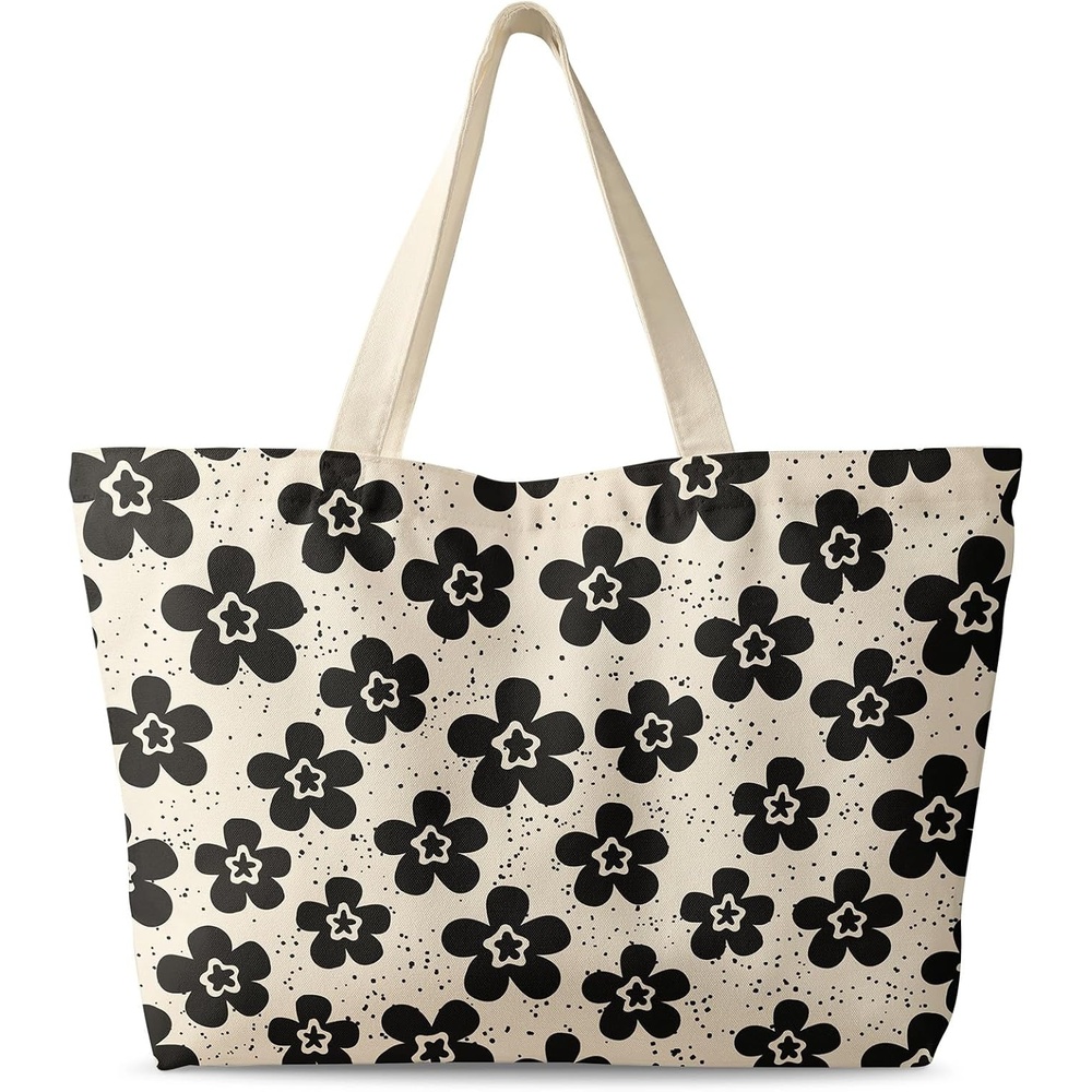 image:imageMiss Adola Large Tote Bag for Women Canvas Tote Bag with Zipper Aesthetic Reusable Shoulder Bag for Gym Travel WorkBk Spot Flower