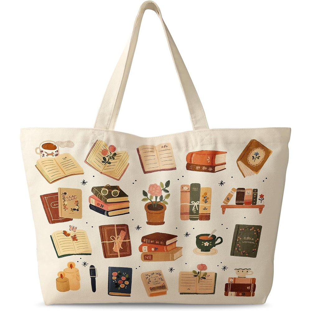 image:imageMiss Adola Large Tote Bag for Women Canvas Tote Bag with Zipper Aesthetic Reusable Shoulder Bag for Gym Travel WorkBook Coffee