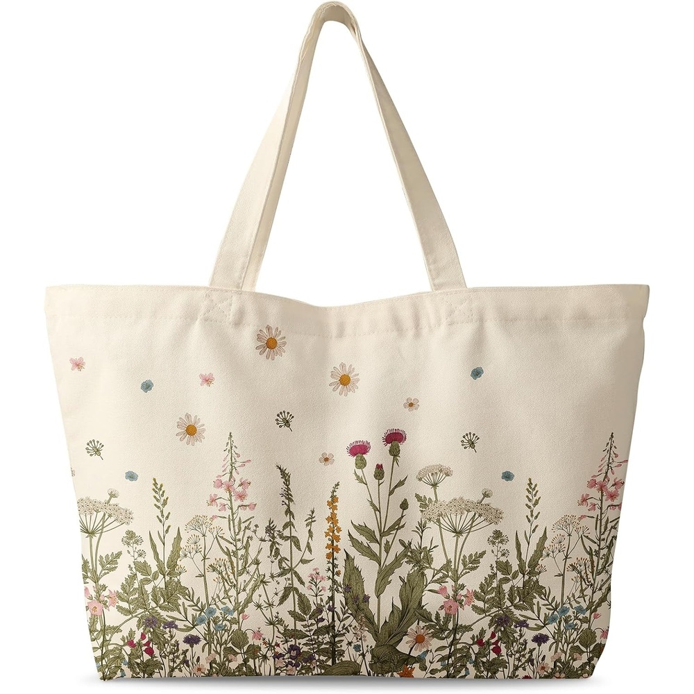 image:imageMiss Adola Large Tote Bag for Women Canvas Tote Bag with Zipper Aesthetic Reusable Shoulder Bag for Gym Travel WorkFlower Grass