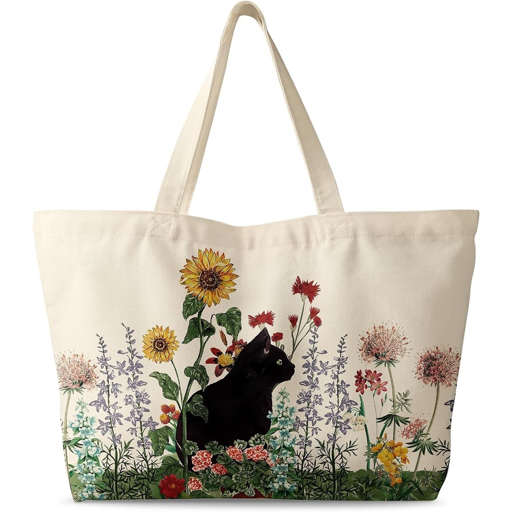 image:imageMiss Adola Large Tote Bag for Women Canvas Tote Bag with Zipper Aesthetic Reusable Shoulder Bag for Gym Travel WorkGrass Cat
