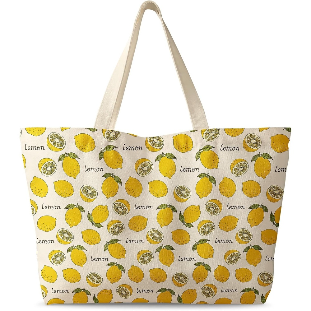 image:imageMiss Adola Large Tote Bag for Women Canvas Tote Bag with Zipper Aesthetic Reusable Shoulder Bag for Gym Travel WorkGreenleaf Lemon
