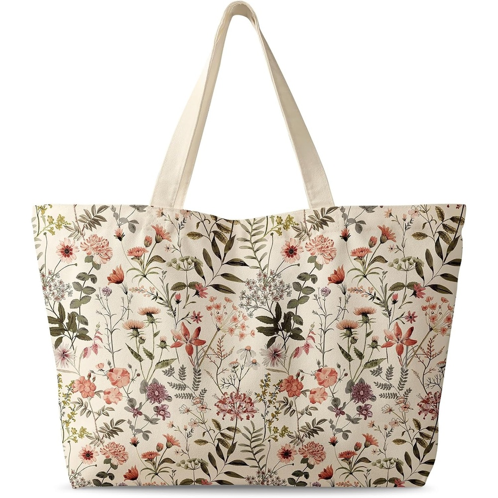 image:imageMiss Adola Large Tote Bag for Women Canvas Tote Bag with Zipper Aesthetic Reusable Shoulder Bag for Gym Travel WorkPk Flower Shrubs