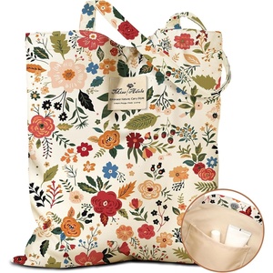 image:imageMiss Adola Cloth Tote Bag for Women  Reusable Tote with Pocket amp Buckle Cute Retro Design Ladies Cotton Printed Shoulder BagBeige Flower