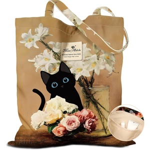 image:imageMiss Adola Cloth Tote Bag for Women  Reusable Tote with Pocket amp Buckle Cute Retro Design Ladies Cotton Printed Shoulder BagBlack Cat Flowers