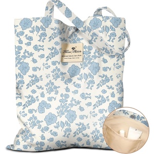 image:imageMiss Adola Cloth Tote Bag for Women  Reusable Tote with Pocket amp Buckle Cute Retro Design Ladies Cotton Printed Shoulder BagBlue Flowers
