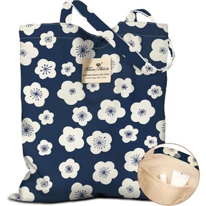 image:imageMiss Adola Cloth Tote Bag for Women  Reusable Tote with Pocket amp Buckle Cute Retro Design Ladies Cotton Printed Shoulder BagDark Blue Flowers