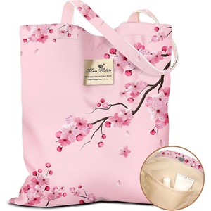 image:imageMiss Adola Cloth Tote Bag for Women  Reusable Tote with Pocket amp Buckle Cute Retro Design Ladies Cotton Printed Shoulder BagPeach Blossom
