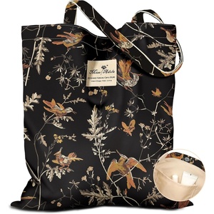 image:imageMiss Adola Cloth Tote Bag for Women  Reusable Tote with Pocket amp Buckle Cute Retro Design Ladies Cotton Printed Shoulder BagYellow Birds