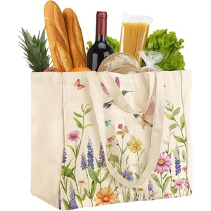 image:imageMiss Adola Large Canvas Grocery Tote Bag  Reusable Extra Large Shopping Shoulder Bags with 6 Inner Pockets amp 2 Handle StrapFlower  Hummingbird