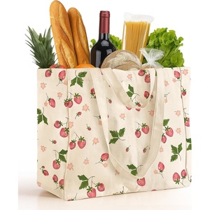 image:imageMiss Adola Large Canvas Grocery Tote Bag  Reusable Extra Large Shopping Shoulder Bags with 6 Inner Pockets amp 2 Handle StrapStrawberry
