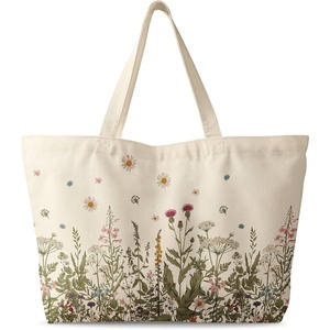 image:imageMiss Adola Large Tote Bag for Women  Canvas Tote Bag with Zipper Aesthetic Reusable Shoulder Bag for Gym Travel WorkFlower Grass