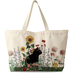 image:imageMiss Adola Large Tote Bag for Women  Canvas Tote Bag with Zipper Aesthetic Reusable Shoulder Bag for Gym Travel WorkGrass Cat