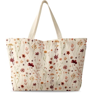 image:imageMiss Adola Large Tote Bag for Women  Canvas Tote Bag with Zipper Aesthetic Reusable Shoulder Bag for Gym Travel WorkGrow Flower