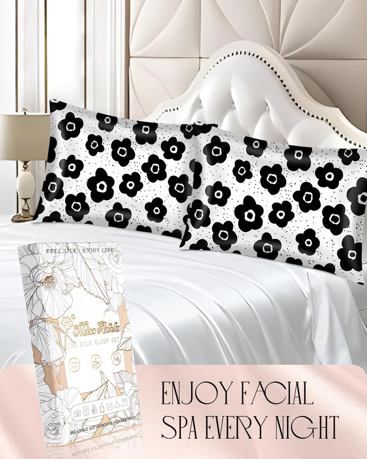image:imageMiss Adola 2 Pack Mulberry Silk Pillowcase for Hair and Skin Standard Size 26 x 20 Inches with Hidden Zipper BK Spot Flower 19 Momme Soft Sleeping Silk Pillow Case for Women Moms