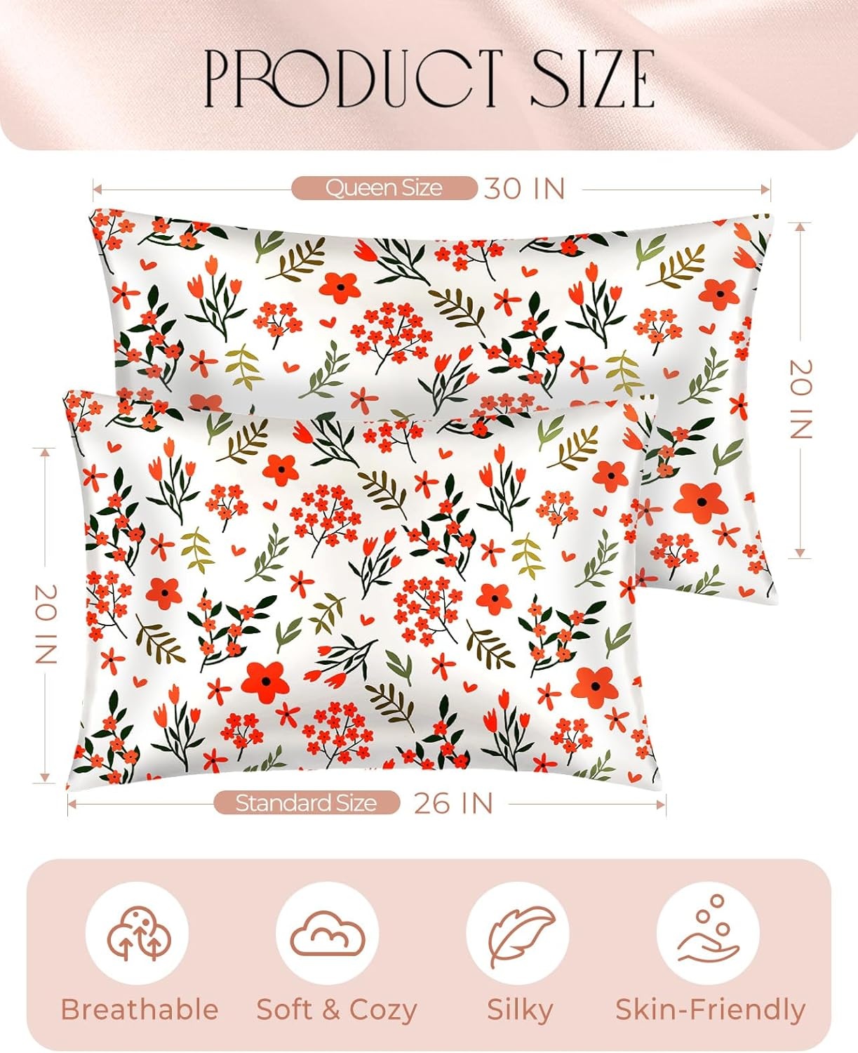 image:imageMiss Adola 2 Pack Mulberry Silk Pillowcase for Hair and Skin Standard Size 26 x 20 Inches with Hidden Zipper Red Flower 19 Momme Soft Sleeping Silk Pillow Case for Women Moms
