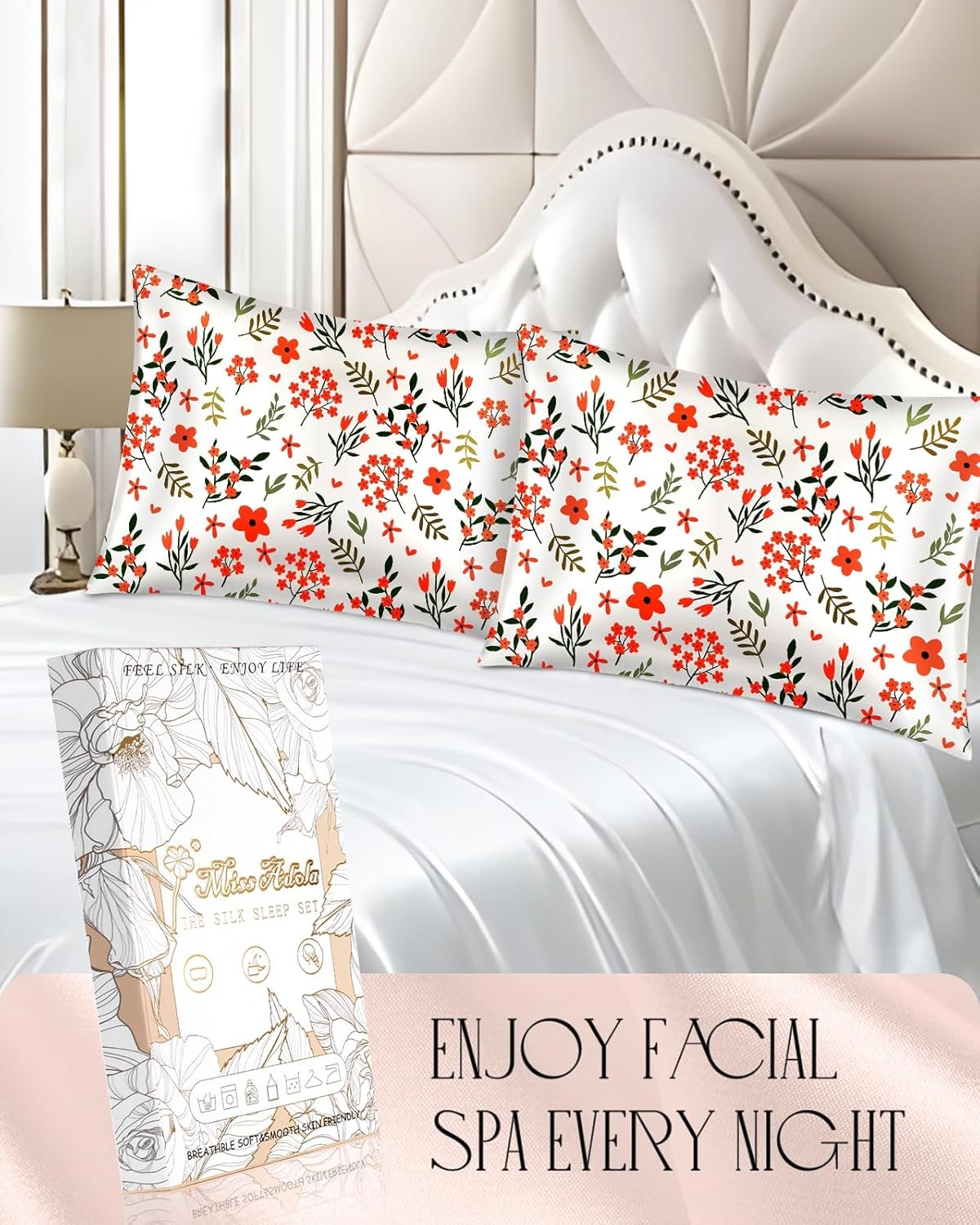 image:imageMiss Adola 2 Pack Mulberry Silk Pillowcase for Hair and Skin Standard Size 26 x 20 Inches with Hidden Zipper Red Flower 19 Momme Soft Sleeping Silk Pillow Case for Women Moms