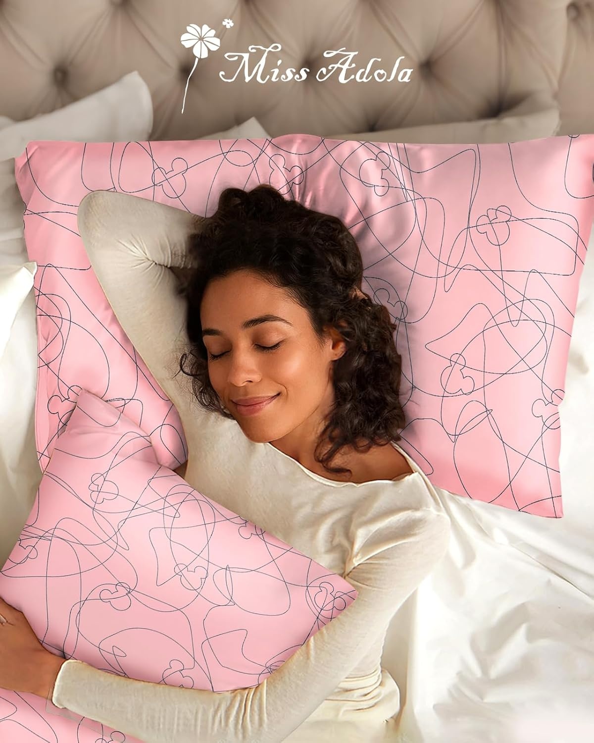 image:imageMiss Adola 2 Pack Silk Pillowcase Standard Size 20 x 26 Inch Silky Pillow Case for Hair and Skin Soft Cute Aesthetic Bed Sleeping Pillow Cover with Zipper for Women Line Miqi