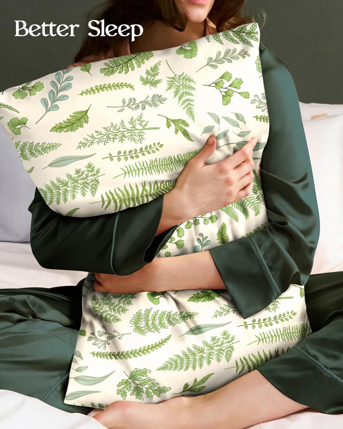 image:imageMiss Adola 2 Pack Silk Pillowcases 20x26 Inch Standard Size Silk Pillow Cases with Hidden Zipper for Women Lady Smooth Soft Breathable Cooling Design Pillowcases for Hair and Skin Green LeafGreen Leaf