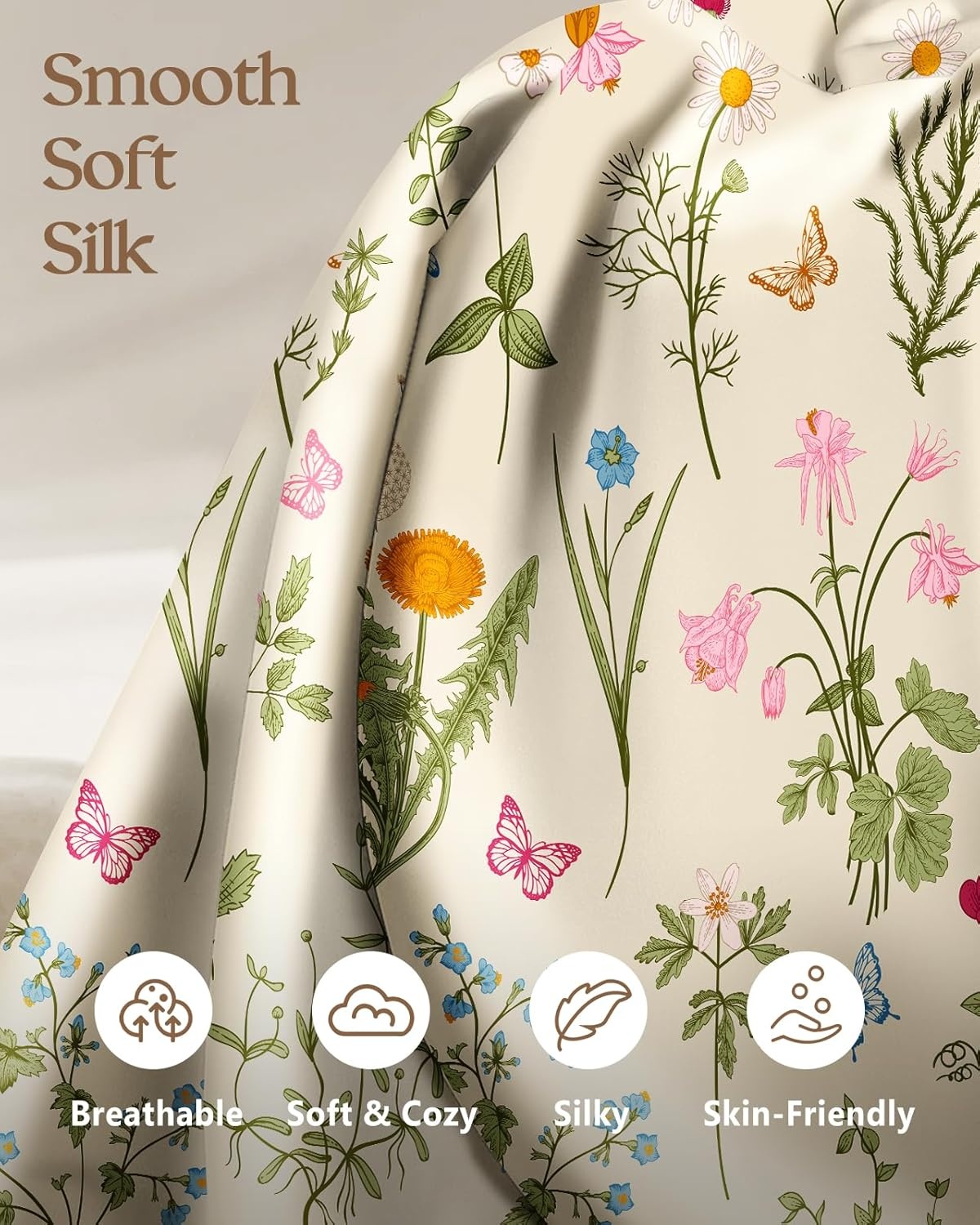 image:imageMiss Adola 2 Pack Silk Pillowcases 20x26 Inch Standard Size Silk Pillow Cases with Hidden Zipper for Women Lady Smooth Soft Breathable Cooling Design Pillowcases for Hair and Skin Green LeafLeaf Flower
